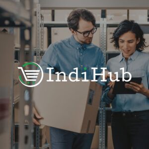 IndiHub logo over two people packing boxes, web design by Inversit