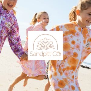 Sandpitt Co logo over children playing in summer dresses, social media by Inversit