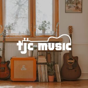 TJC Music logo over a room with guitars and an amplifier, branding by Inversit