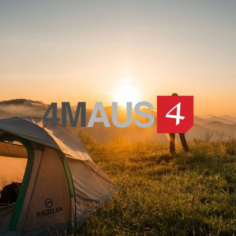 4MAUS logo over a tent at sunrise, web design by Inversit