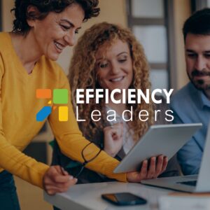 Efficiency Leaders logo over colleagues reviewing a tablet, web design by Inversit