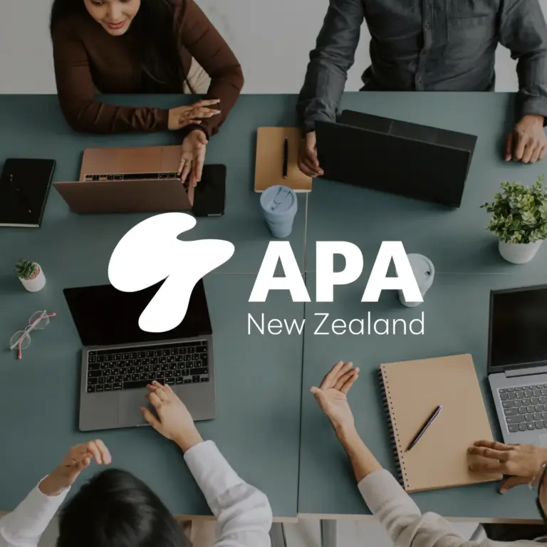 APA New Zealand logo over a team meeting, branding and web design by Inversit