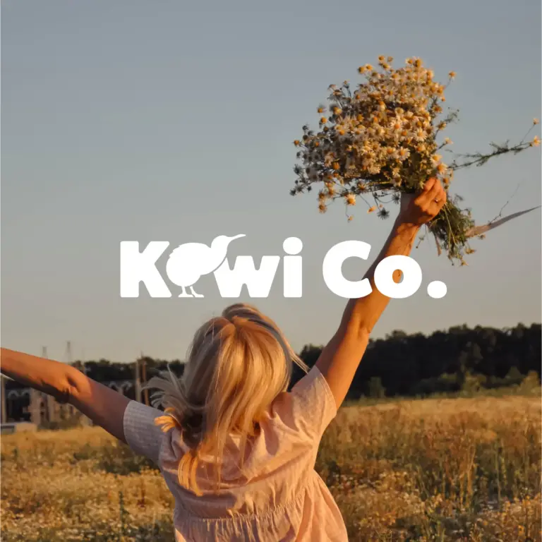 Kiwi Co. logo over a woman holding wildflowers, branding by Inversit