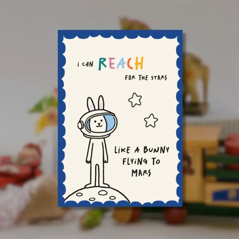 Kids affirmation card: I can reach for the stars, like a bunny, illustrated by Inversit